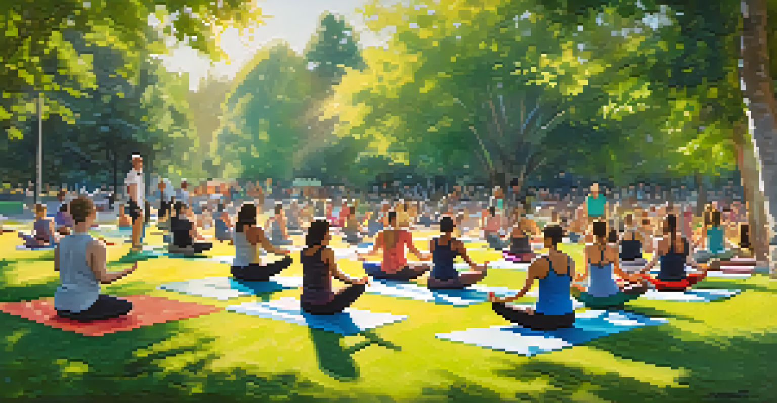 A group of people participating in an outdoor yoga class in a park, surrounded by green trees and sunshine.