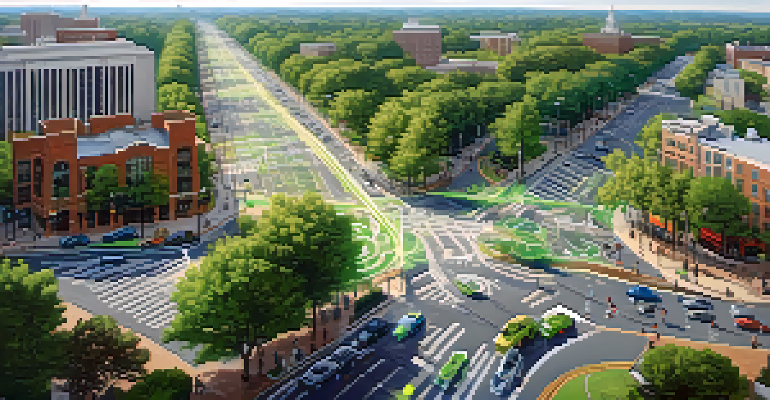 An aerial view of Raleigh showing smart traffic signals adjusting in real-time with cars and pedestrians, alongside parks and bike lanes.