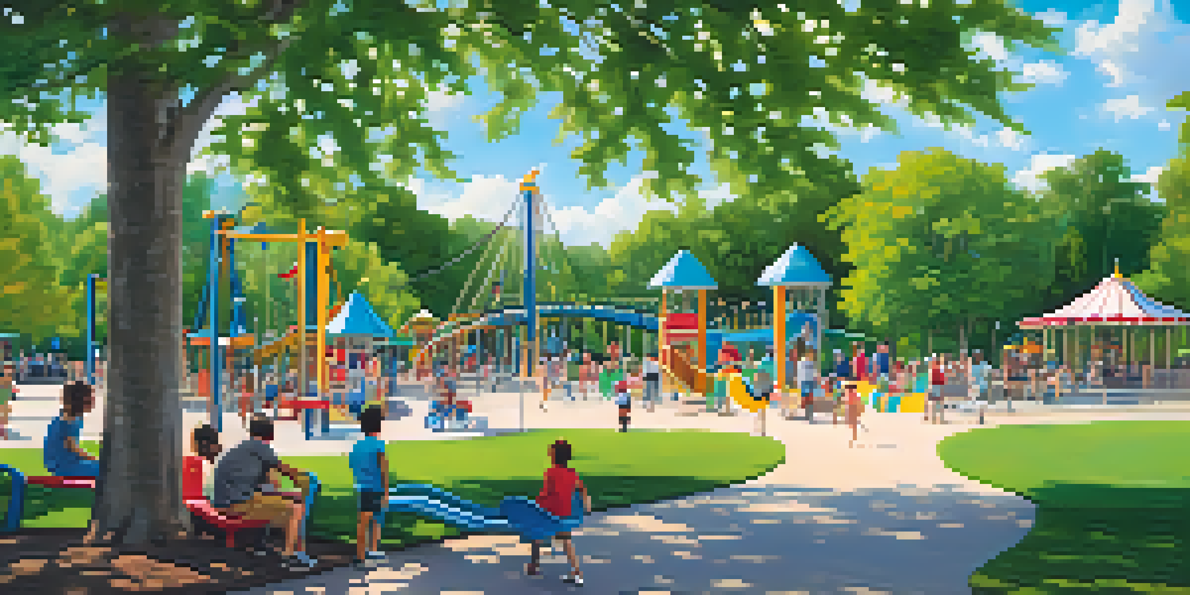 Families having fun at Pullen Park with children on playground equipment and a carousel in the background.