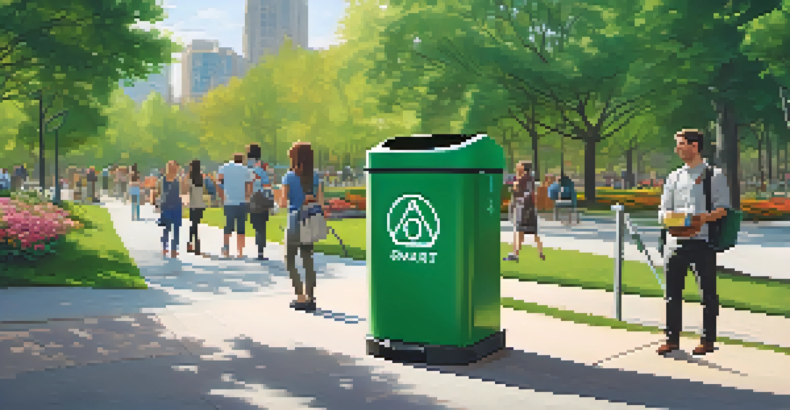 A close-up of a smart waste management bin in a park, surrounded by flowers and greenery.