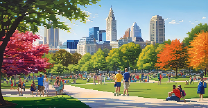 A cityscape of Raleigh, North Carolina, with modern buildings and historical architecture, a park filled with people and colorful flowers.