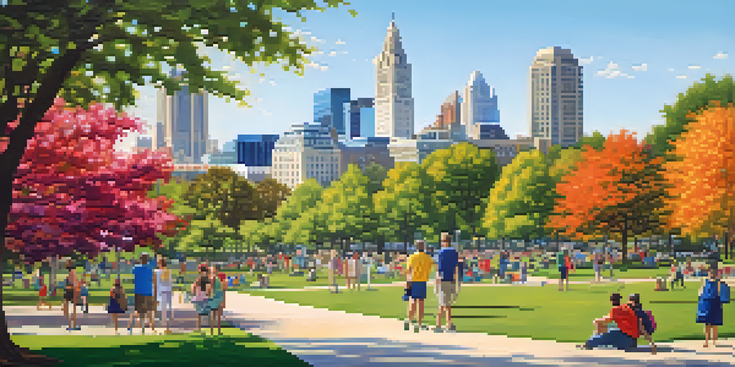 A cityscape of Raleigh, North Carolina, with modern buildings and historical architecture, a park filled with people and colorful flowers.