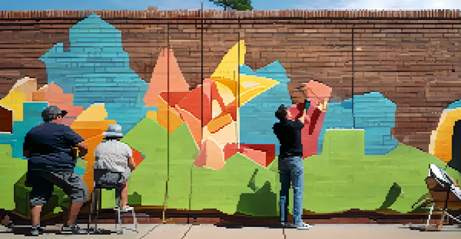 An artist creating a colorful mural on a brick wall at a festival, with onlookers admiring the work.
