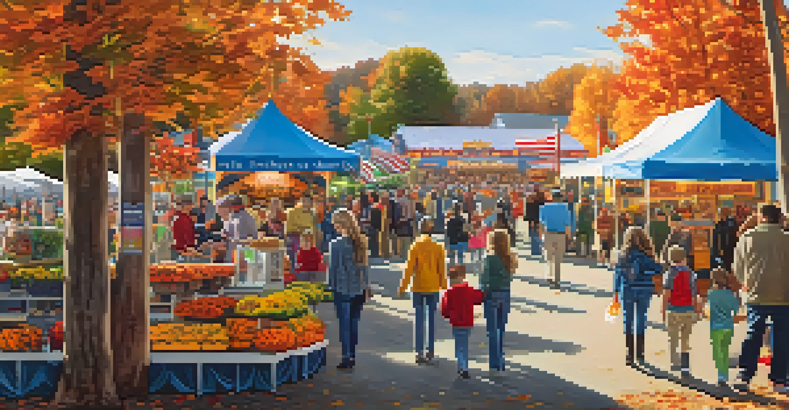 An autumn scene at the North Carolina State Fair, featuring rides, craft booths, and families enjoying the festive atmosphere.