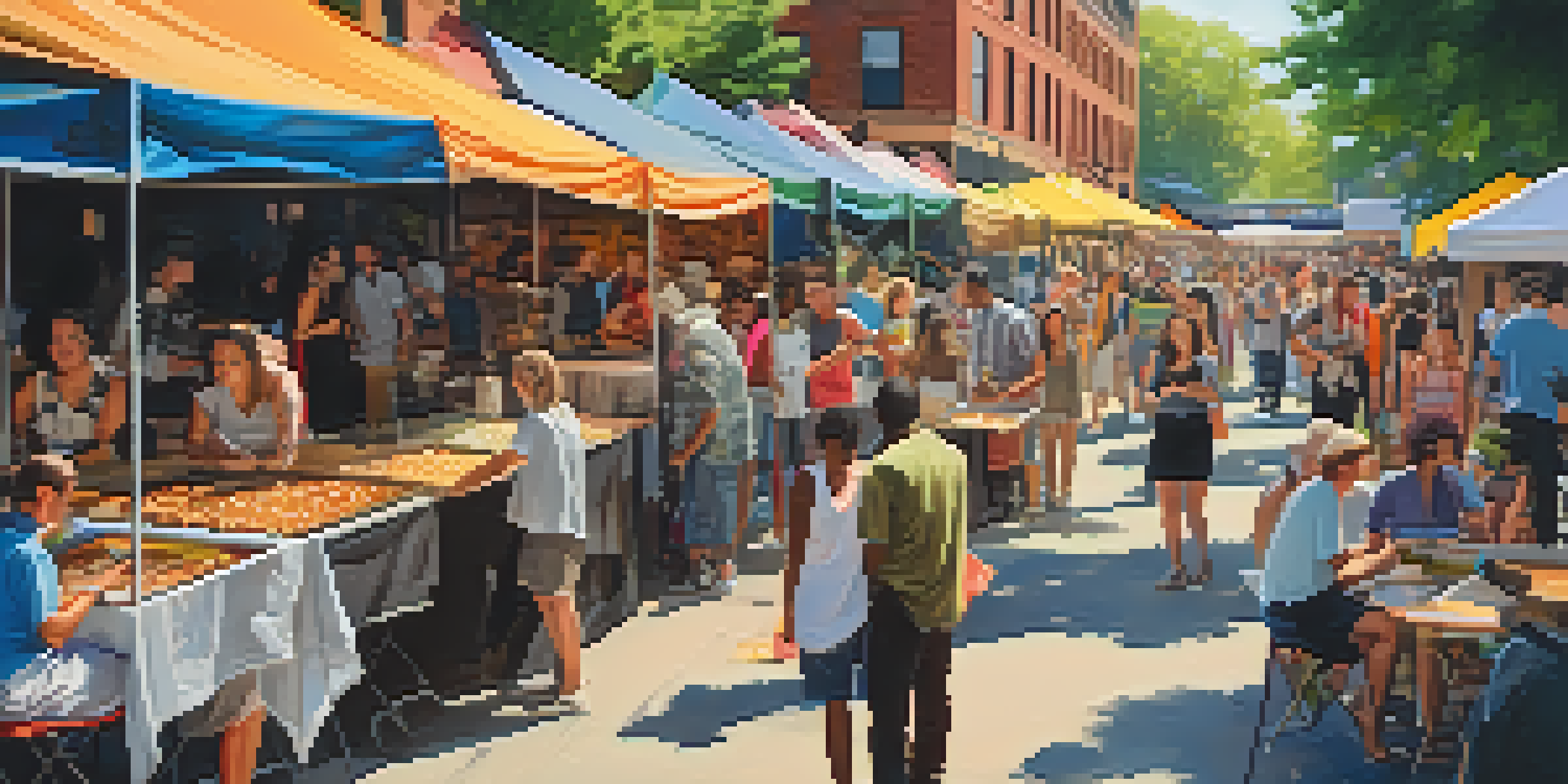 A vibrant outdoor festival scene with artists displaying their work and diverse attendees enjoying the event.