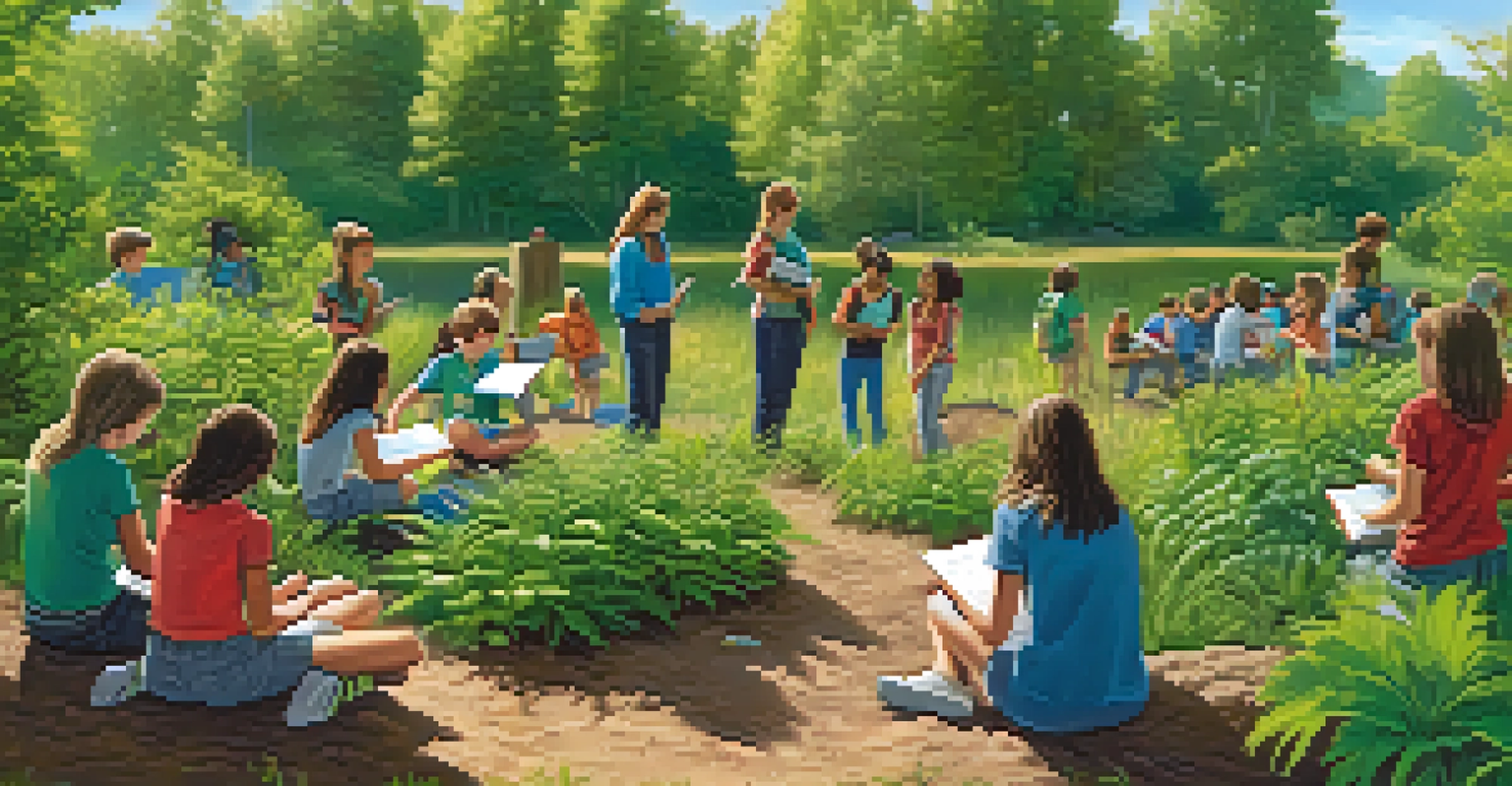 Students engaged in nature-based learning in an outdoor classroom, surrounded by greenery and blue skies.