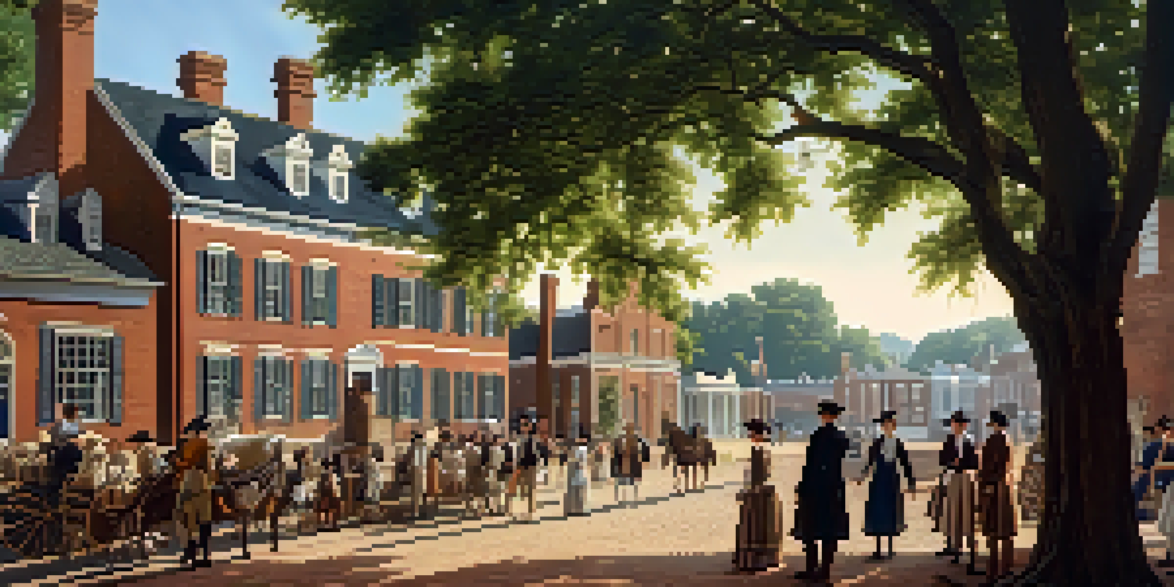 A historical view of Raleigh in the late 18th century with townsfolk in colonial attire and early architecture.