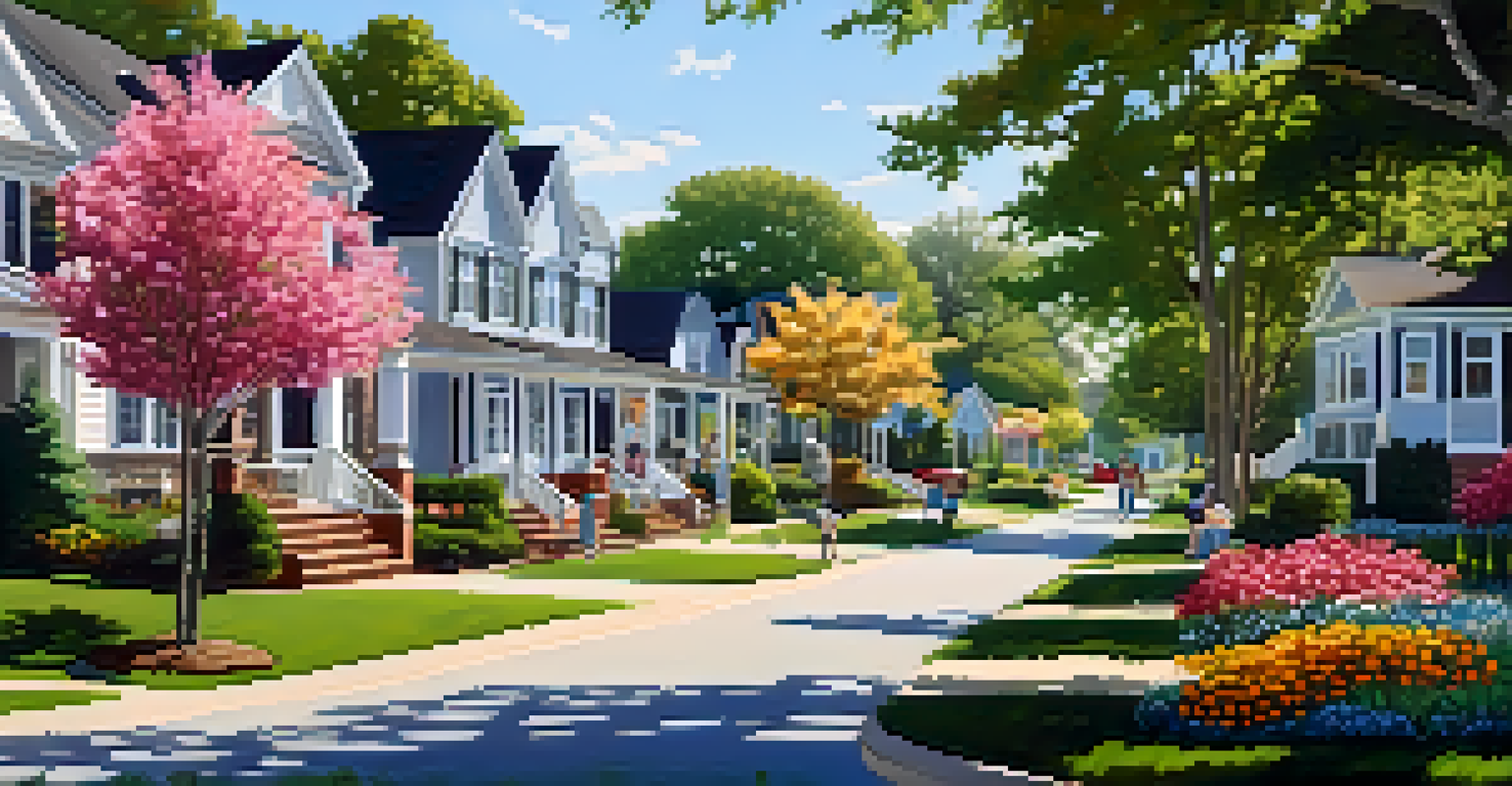 A peaceful suburban neighborhood in Raleigh with families and blooming flowers.