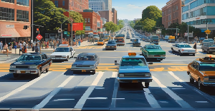 A busy intersection in Raleigh, showing various vehicles and pedestrians under smart traffic signals.