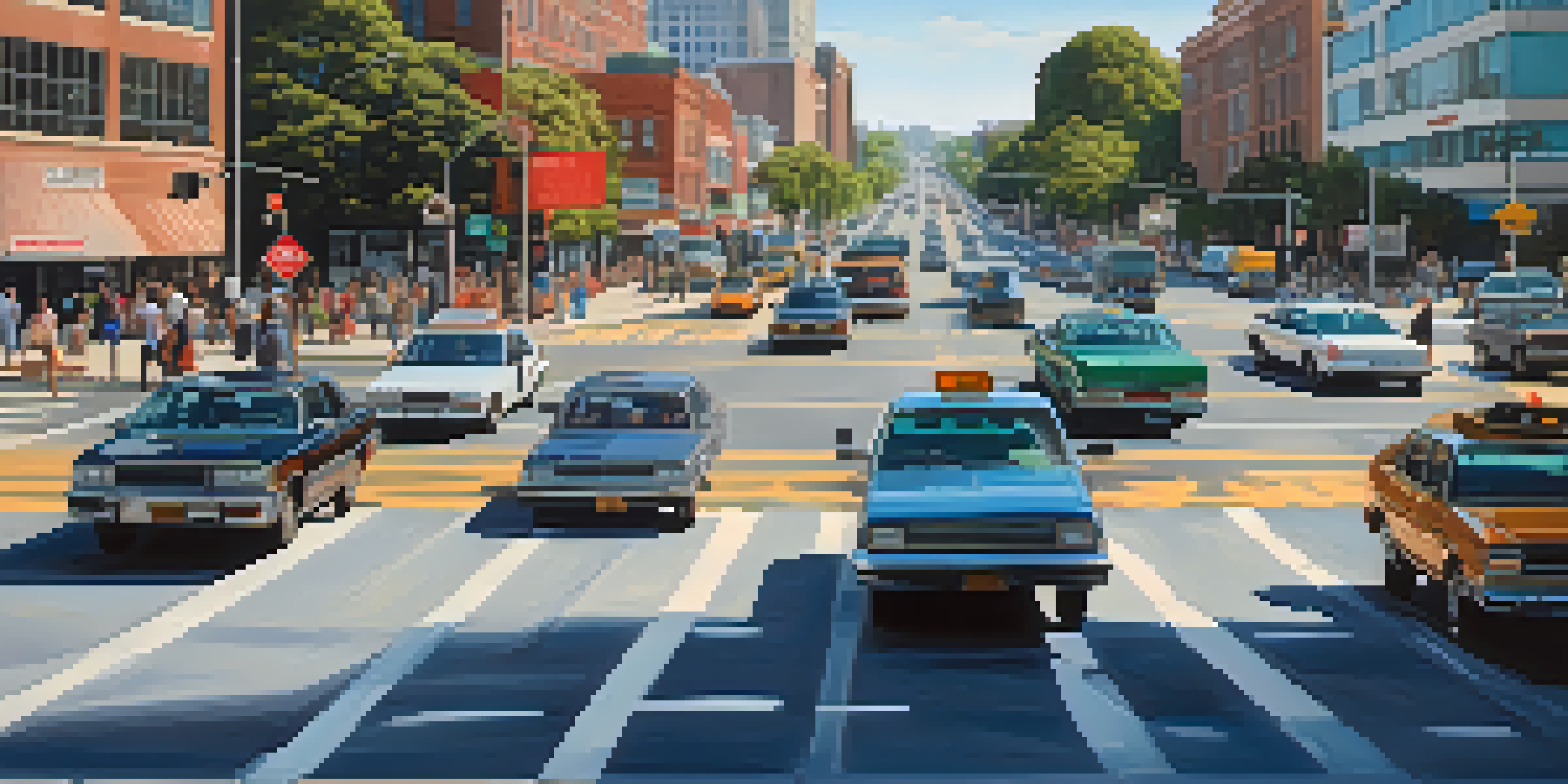 A busy intersection in Raleigh, showing various vehicles and pedestrians under smart traffic signals.