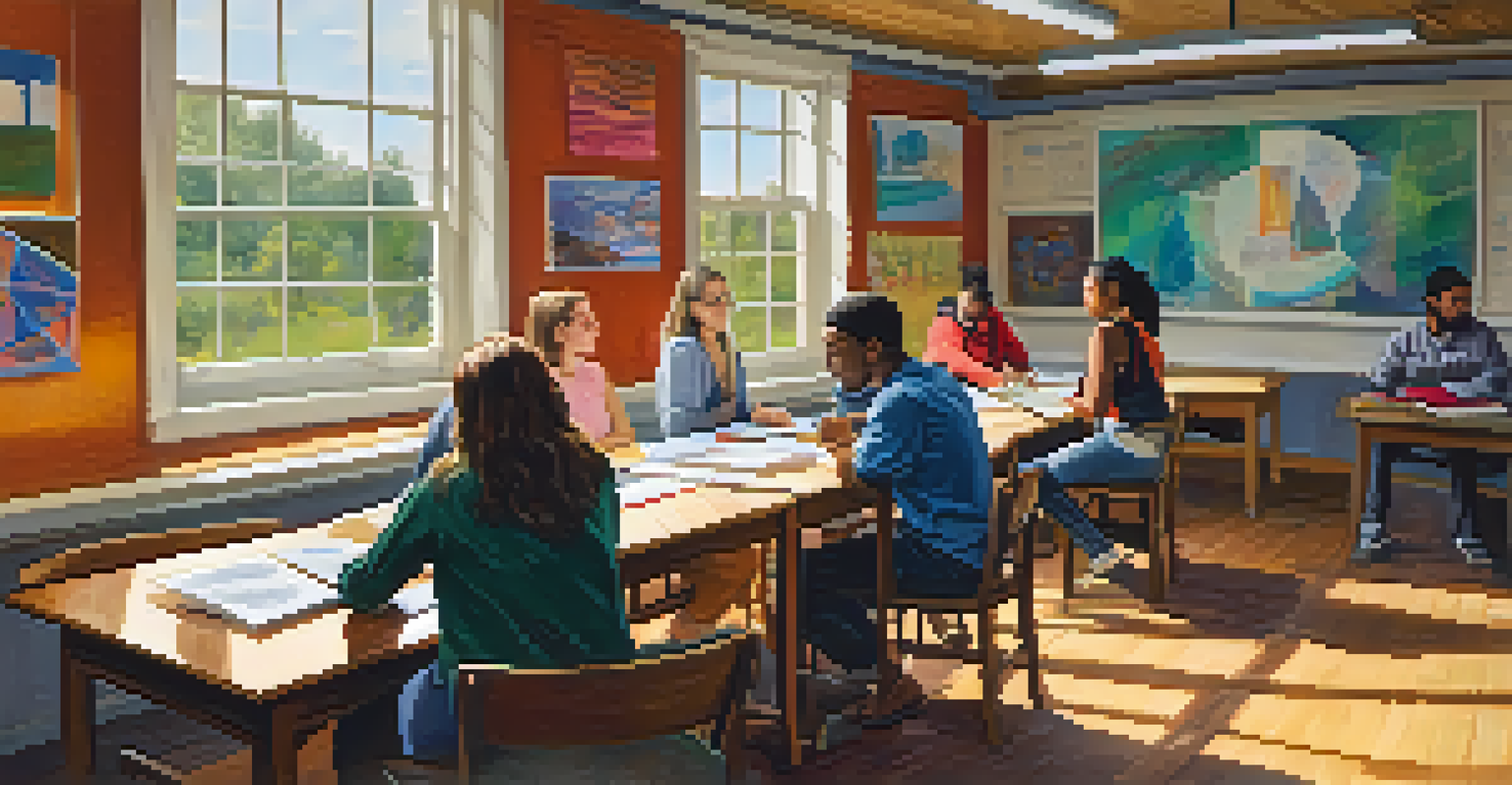 Students and a professor in a warm classroom at William Peace University, discussing ideas around a table with sunlight streaming in.