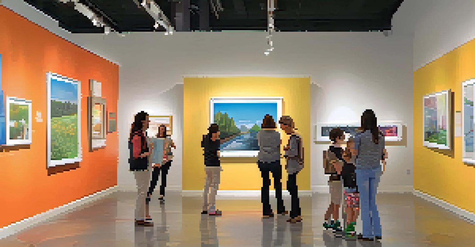Families exploring an interactive art exhibition in a bright modern gallery, with children engaged in a scavenger hunt.
