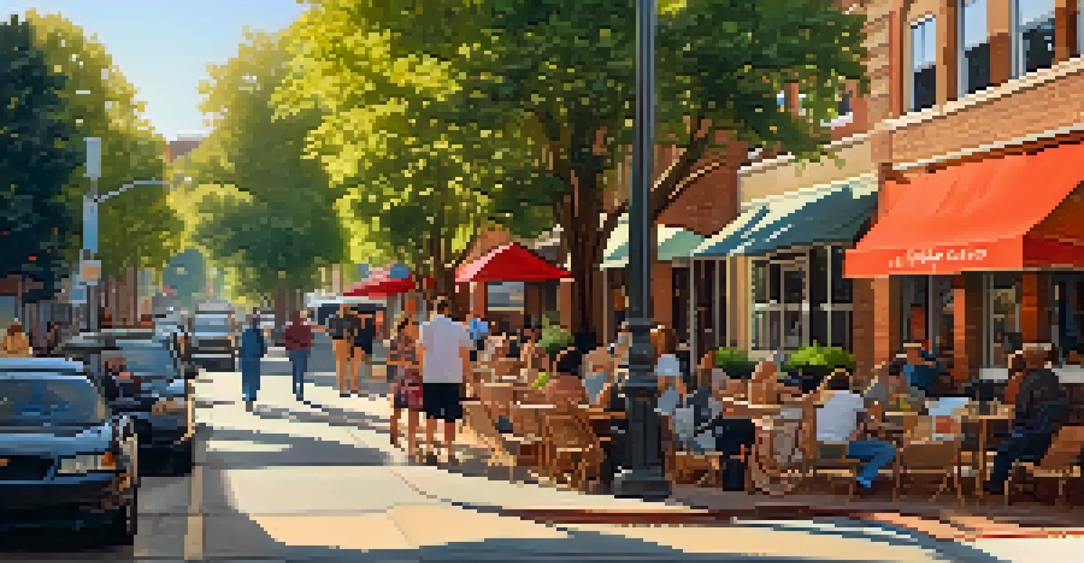 A picturesque Raleigh Art Walk with people exploring galleries and studios, surrounded by trees and warm afternoon light.