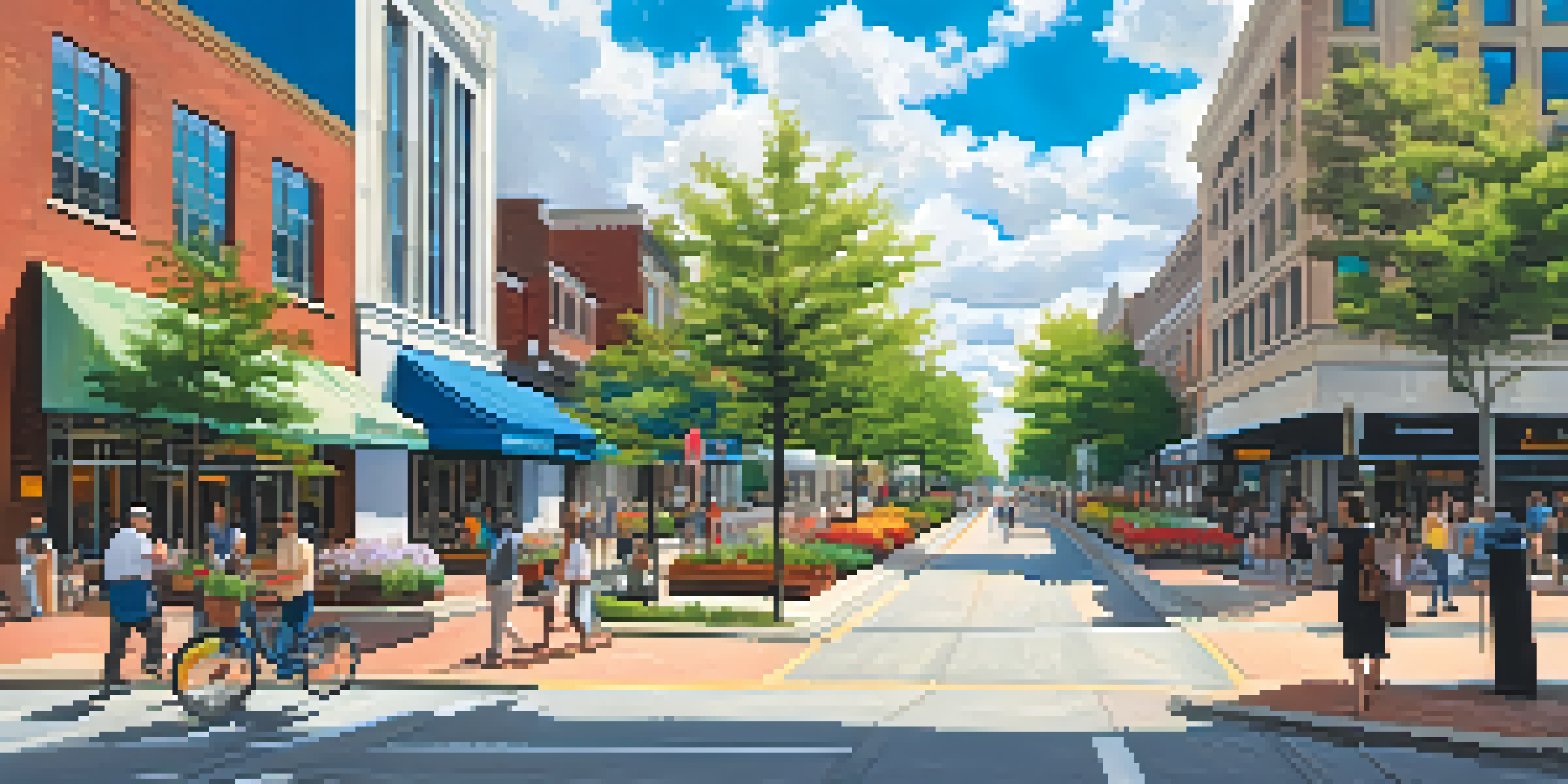 A busy street in Raleigh with modern and historic buildings, pedestrians, and blooming flowers under a blue sky.
