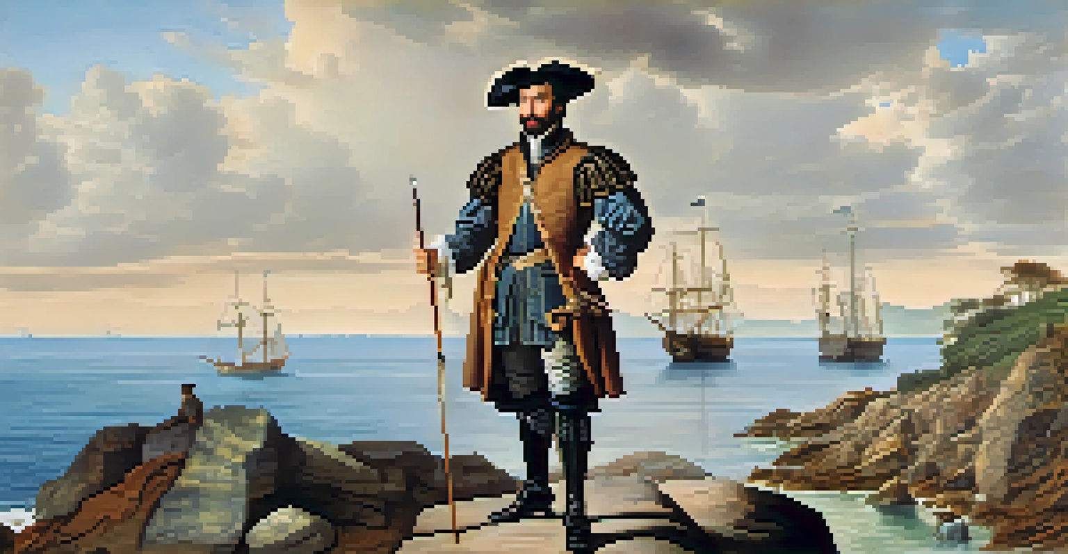 An illustration of Sir Walter Raleigh as an explorer, looking out at the sea with a map.