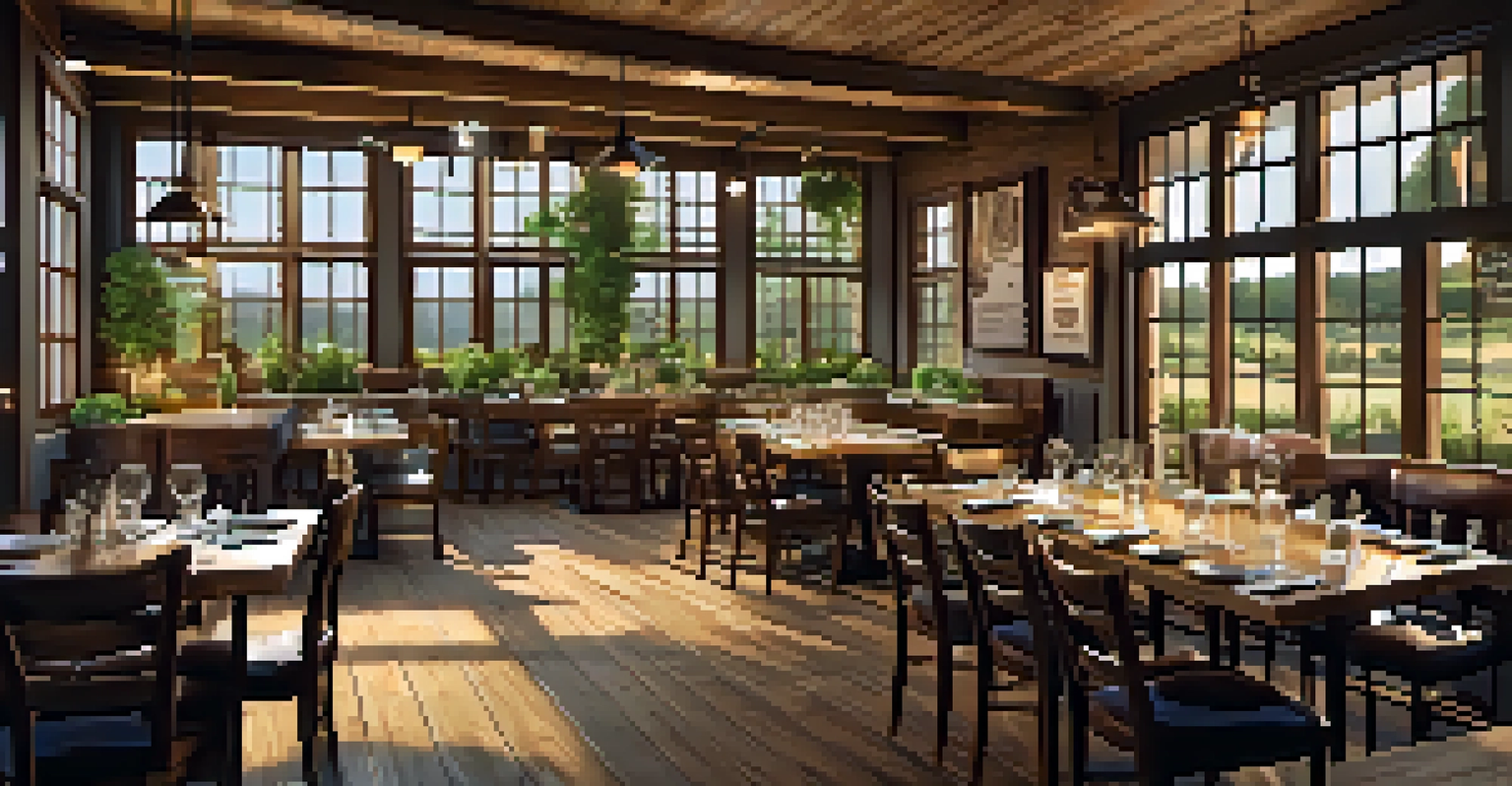The interior of a farm-to-table restaurant with wooden beams, communal tables, and diners enjoying seasonal dishes under warm lighting.