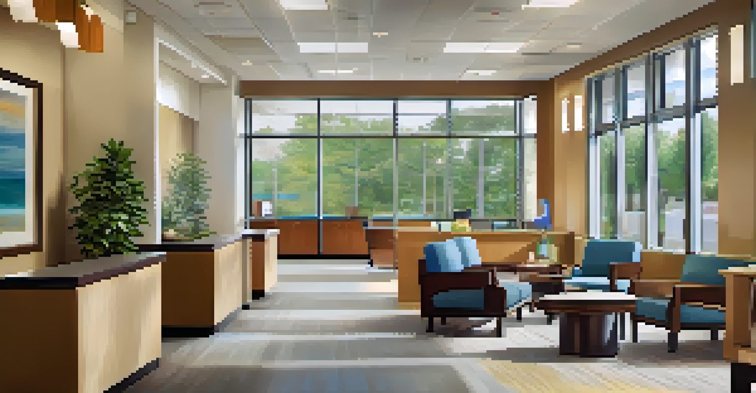 A bright and inviting waiting area in a healthcare clinic, with comfortable seating and artwork, showcasing a friendly receptionist.