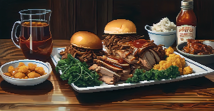 A plate of North Carolina BBQ with pulled pork, collard greens, and hushpuppies on a rustic wooden table.