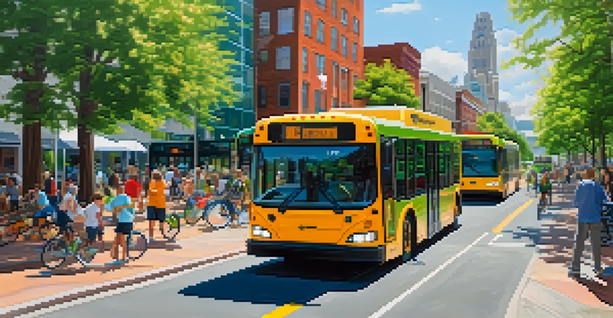 A lively city scene in Raleigh with electric buses, self-driving shuttles, pedestrians, and cyclists under a clear blue sky.