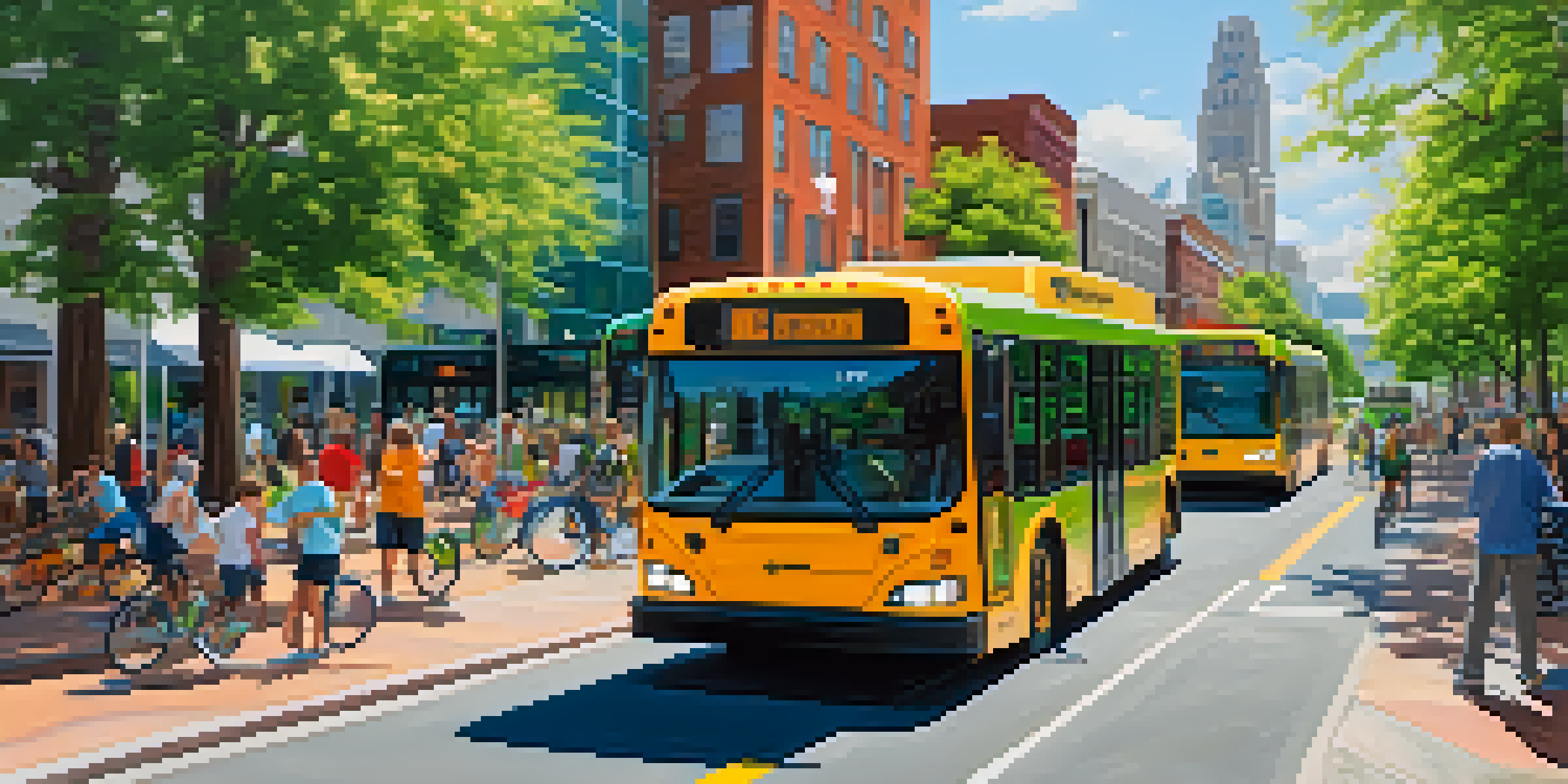 A lively city scene in Raleigh with electric buses, self-driving shuttles, pedestrians, and cyclists under a clear blue sky.