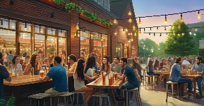 An outdoor brewery scene in Raleigh with people enjoying craft beer on a sunny evening, surrounded by greenery and colorful lights.