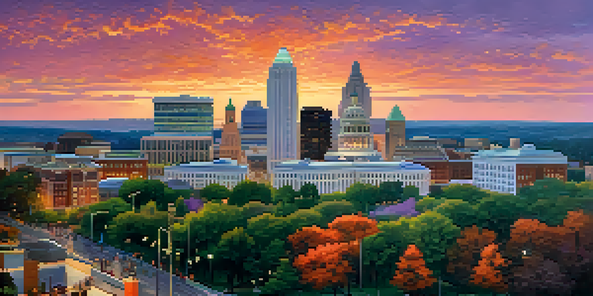 A scenic sunset view of Raleigh's skyline with the Capitol building and green parks in the foreground.