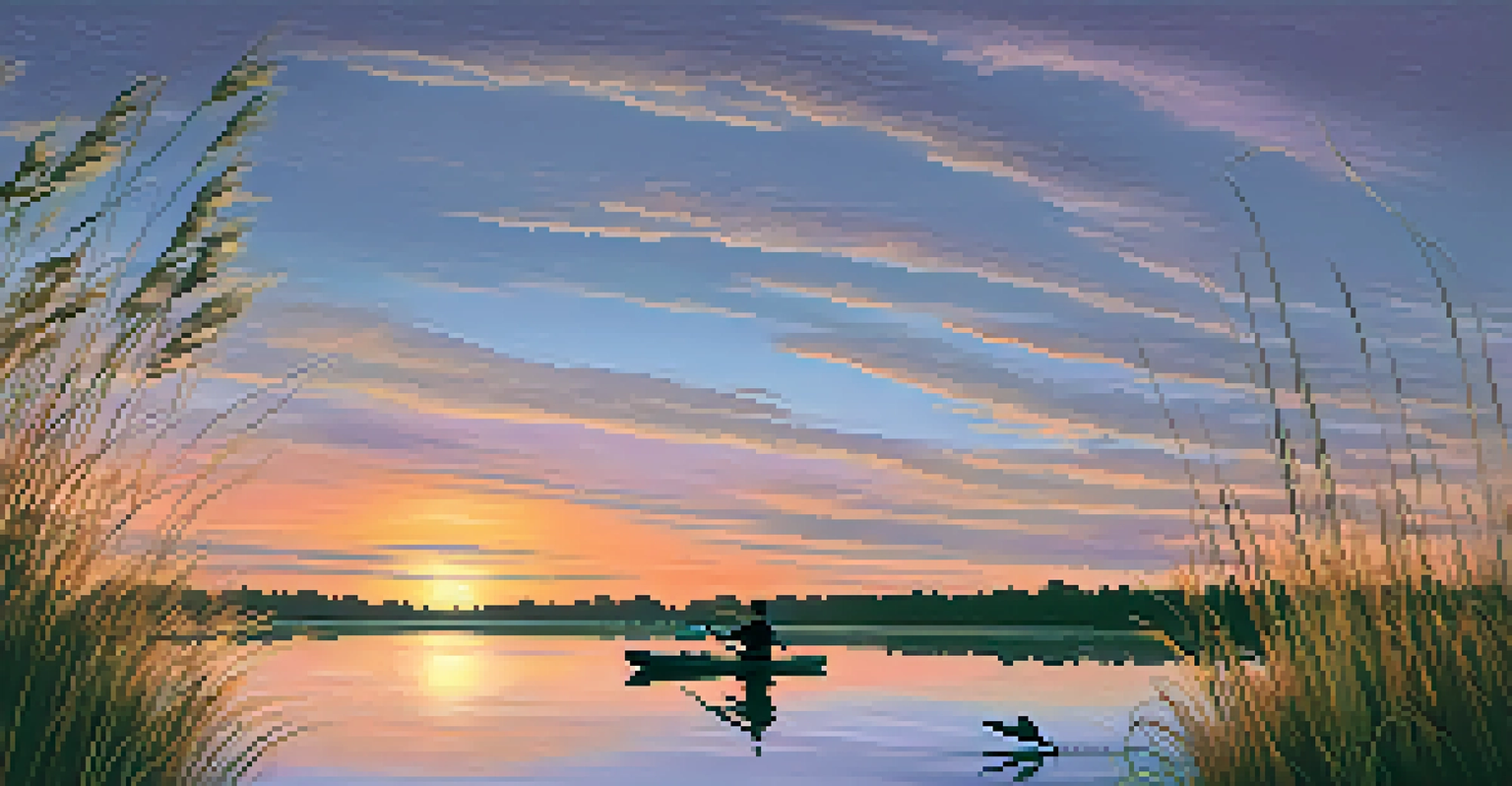 Lake Johnson at sunset with kayakers on the water and a heron by the shore.