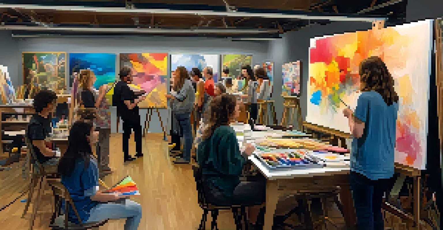 A workshop scene with an artist teaching a small group of students, surrounded by art supplies and colorful canvases.