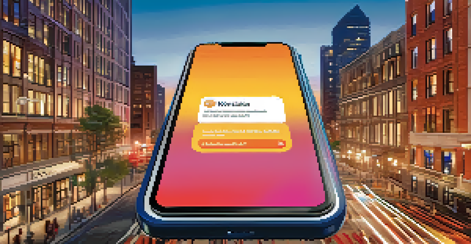 A smartphone displaying a civic engagement app with notifications, set against a blurred cityscape of Raleigh at sunset.