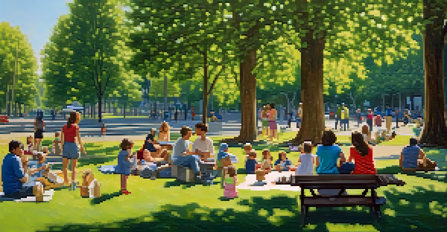 A peaceful park in Raleigh with families picnicking and children playing under blooming trees, representing community.