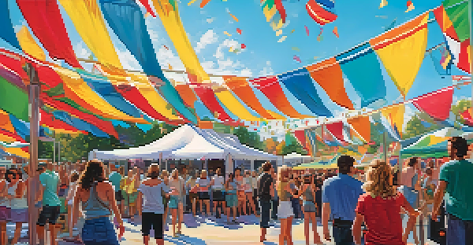 A lively outdoor music festival in Raleigh with people dancing, food trucks, and a colorful stage.