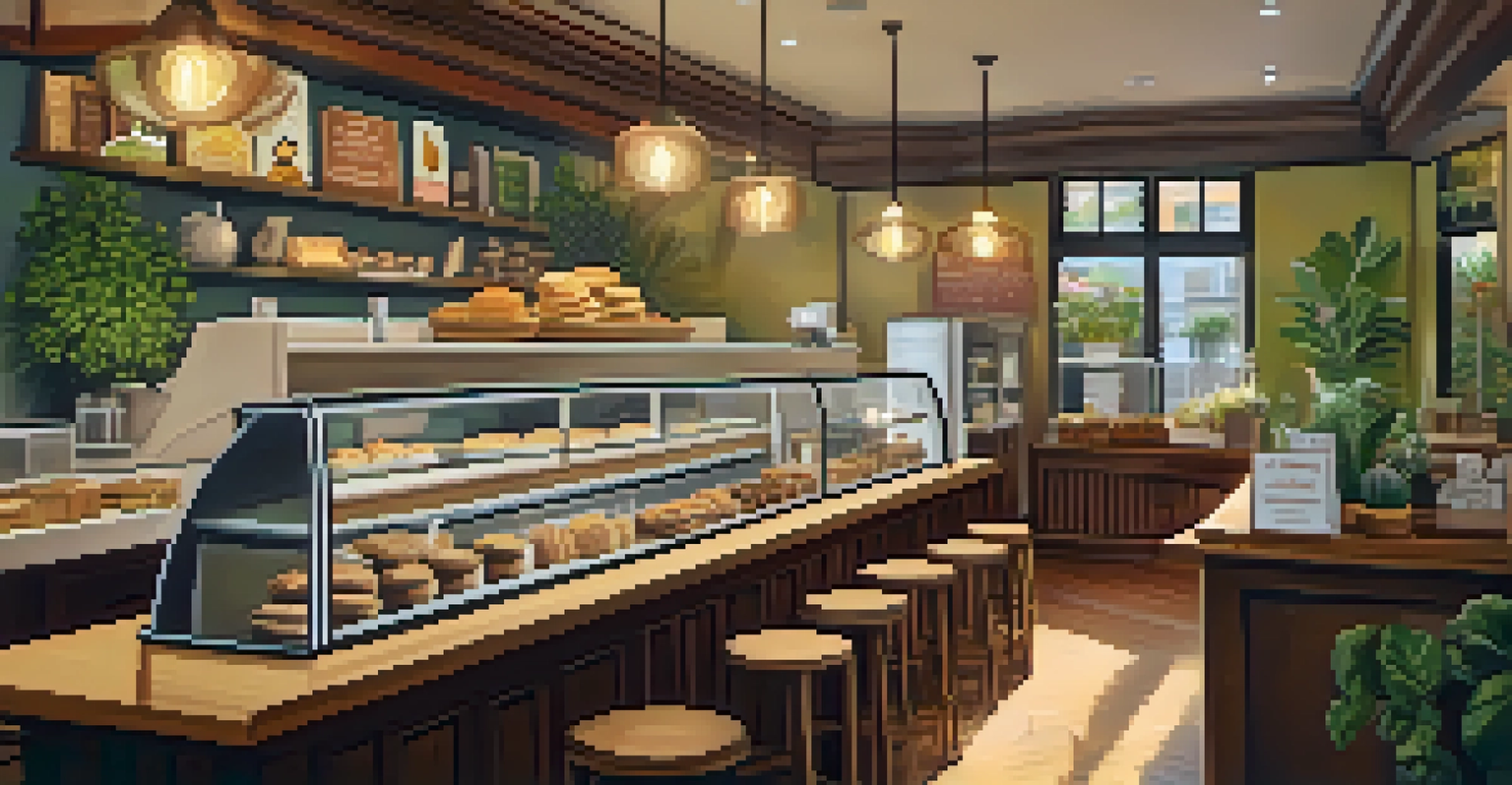 A cozy interior of a vegan café with wooden furniture, plants, and a display of delicious vegan pastries under warm lighting.