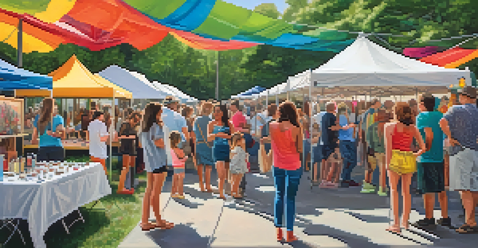 A bustling arts festival with artists displaying their work and people engaging in activities, surrounded by colorful murals.