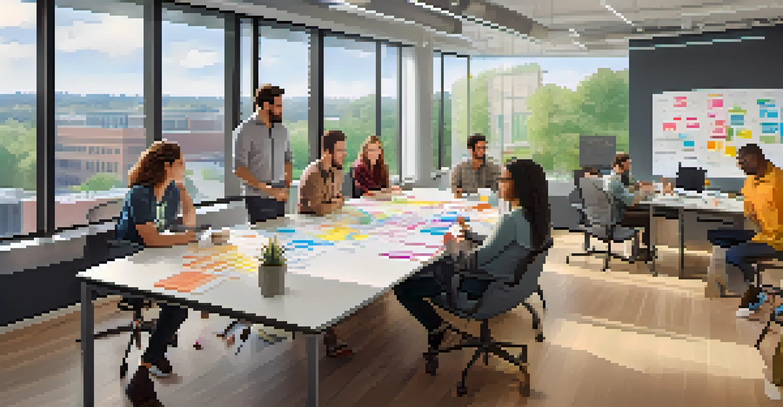 Diverse team members collaborating in a modern tech startup office in Raleigh.