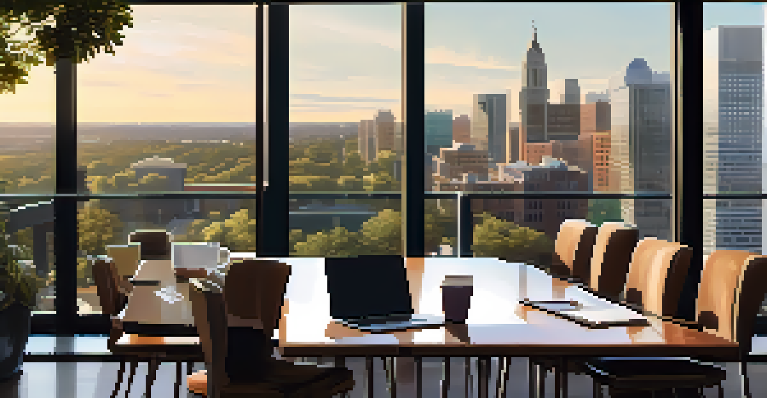 A close-up of a hand reviewing a pitch deck in a modern meeting room, with a view of Raleigh's cityscape in the background.