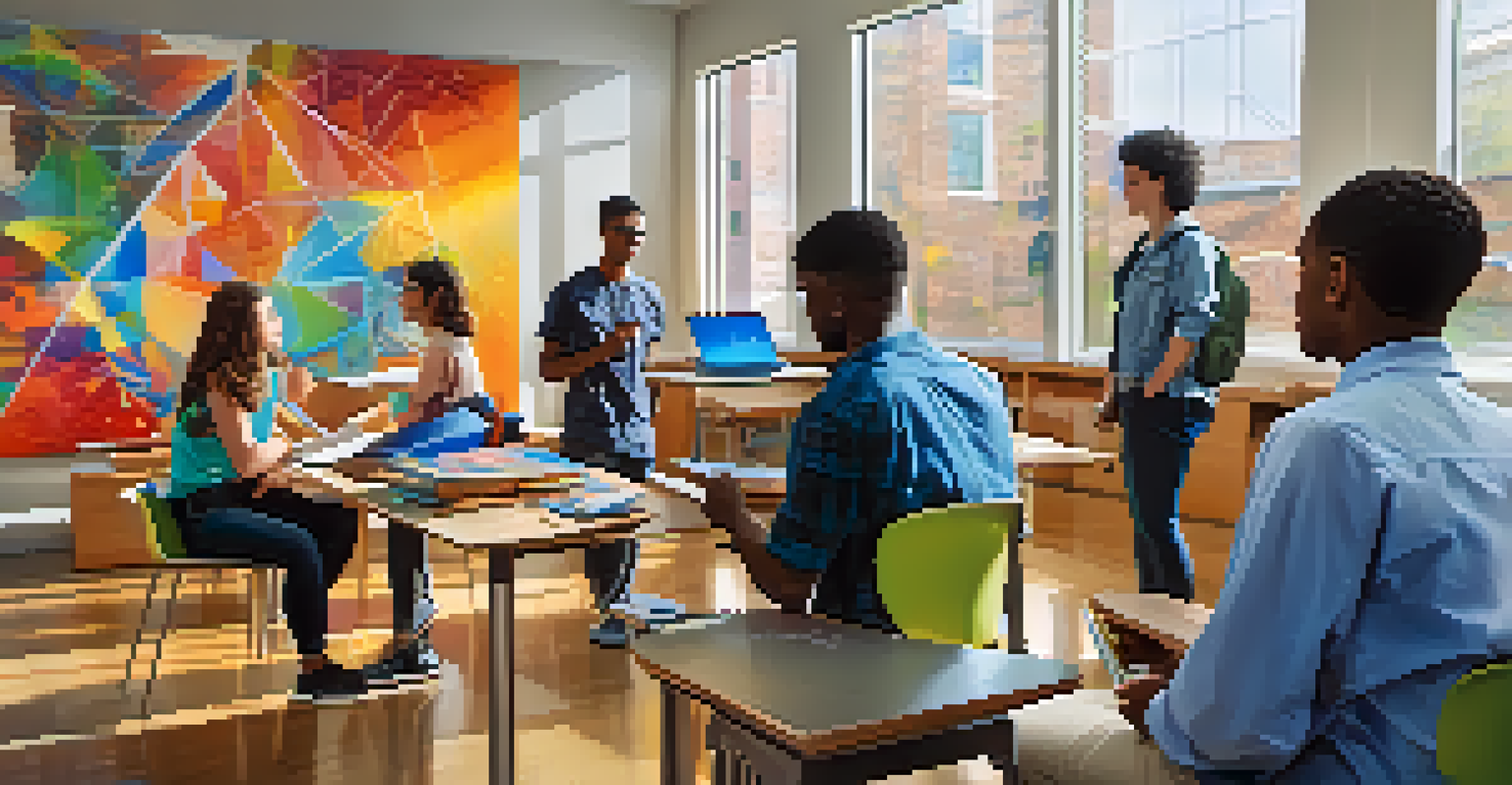 A diverse group of students collaborating in a modern classroom, surrounded by technology and bright educational materials.