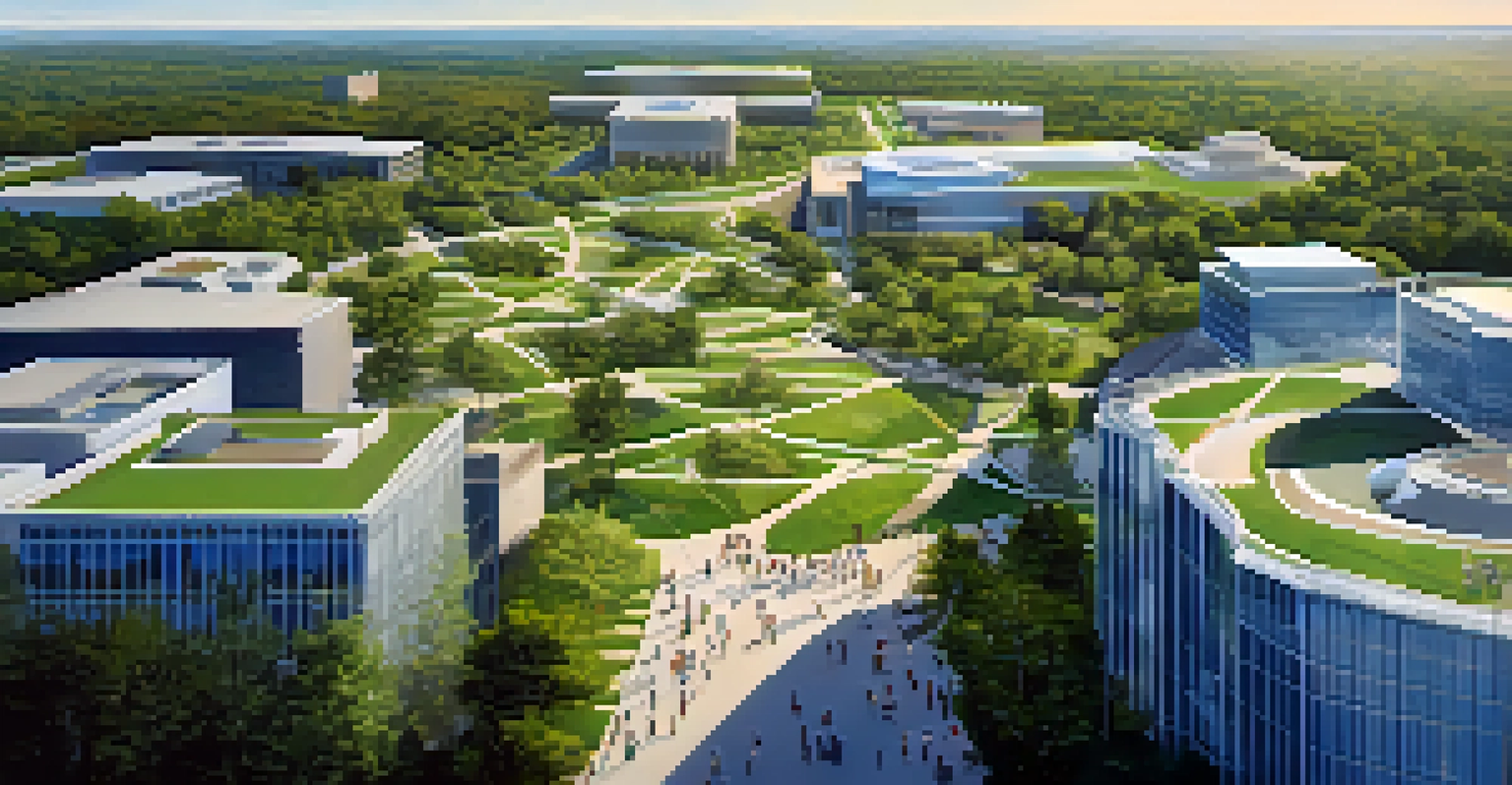 Aerial view of Research Triangle Park, showcasing modern buildings and green spaces promoting innovation.