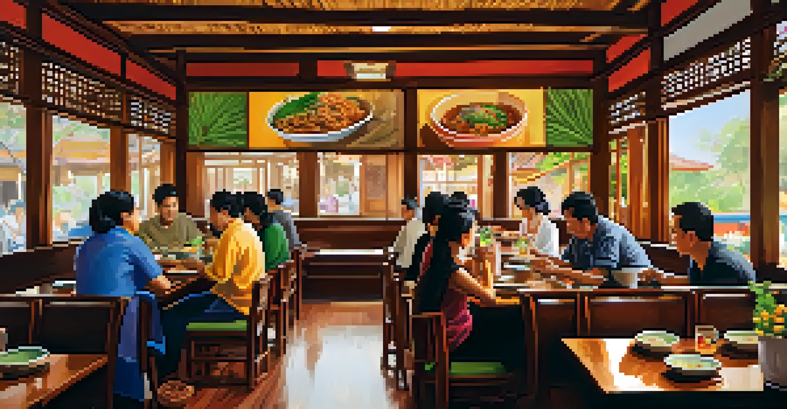 Diners enjoying Laotian dishes in a cozy restaurant with wooden decor and warm lighting.