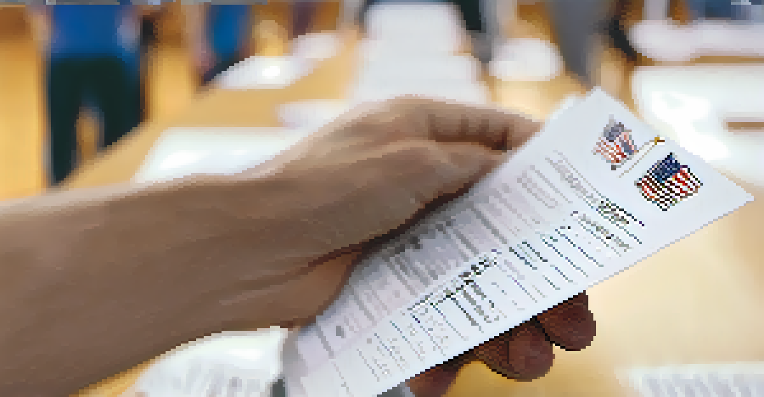 A close-up of a voter holding a completed ballot with a blurred polling station in the background.