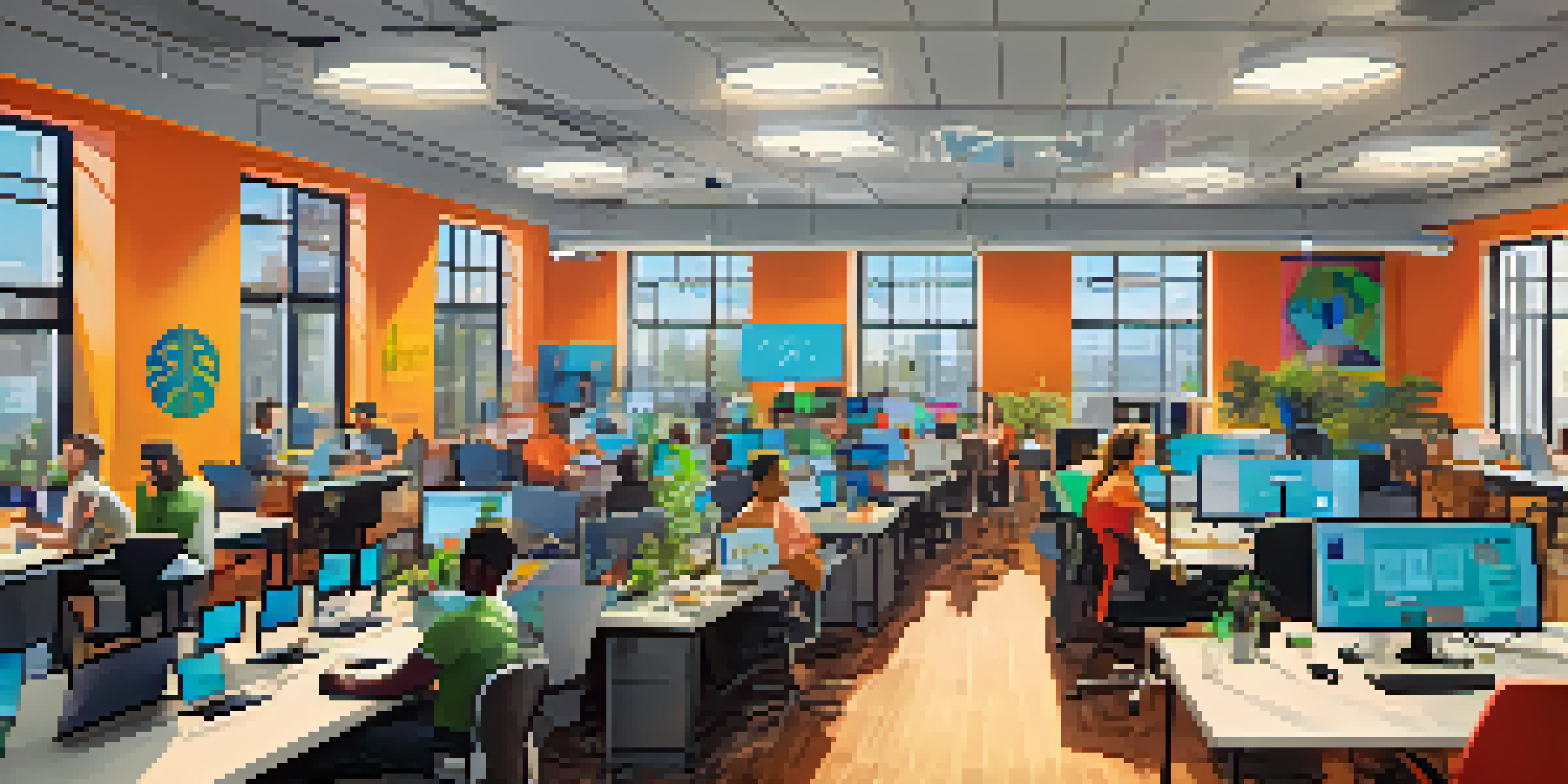 A lively office scene showcasing diverse entrepreneurs working together on tech projects in Raleigh, with modern desks, laptops, and a bright atmosphere.