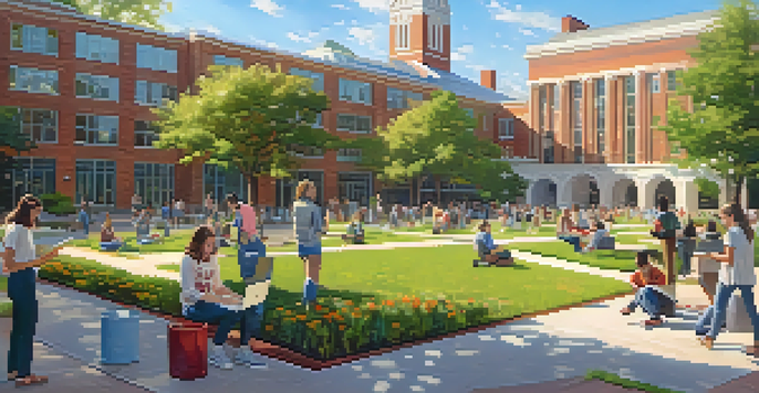 A group of students at North Carolina State University working on a science project outdoors, with university buildings and greenery in the background.