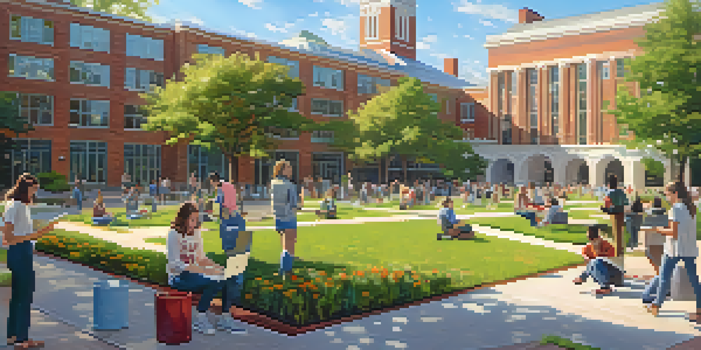 A group of students at North Carolina State University working on a science project outdoors, with university buildings and greenery in the background.