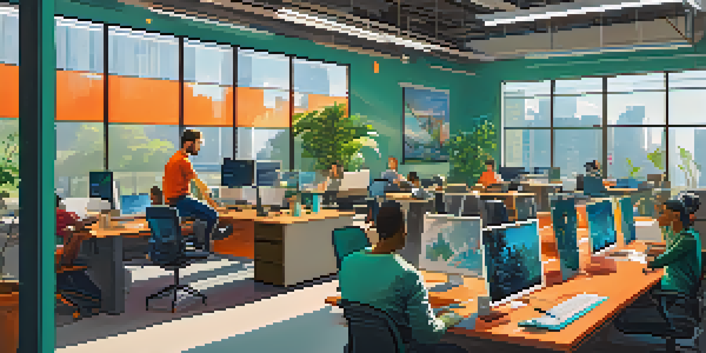 A diverse group of young professionals collaborating in a bright and modern tech startup office filled with natural light and greenery.