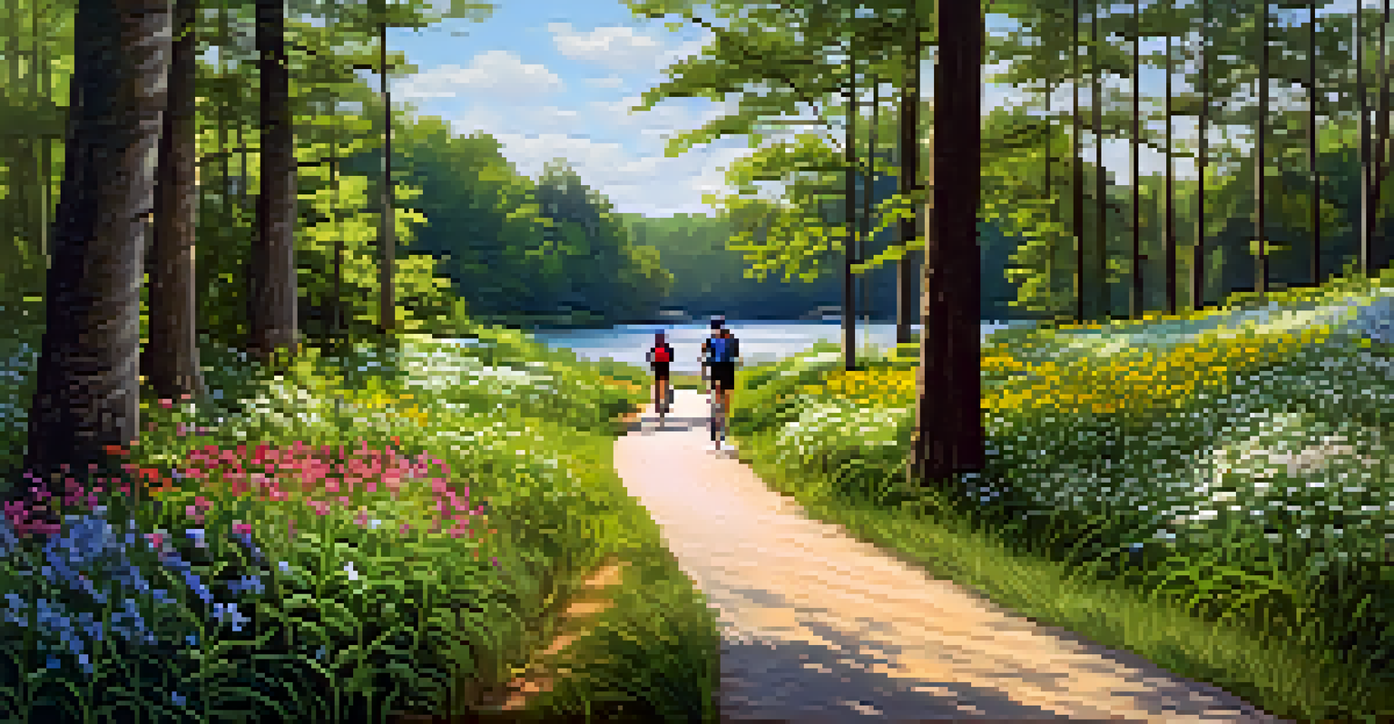 A winding trail along the Neuse River, with people hiking, running, and cycling amidst lush trees and colorful wildflowers.