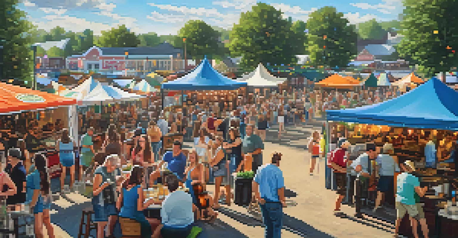 A lively festival atmosphere at the Bluegrass and Brews event, featuring people enjoying music, food trucks, and craft beer.