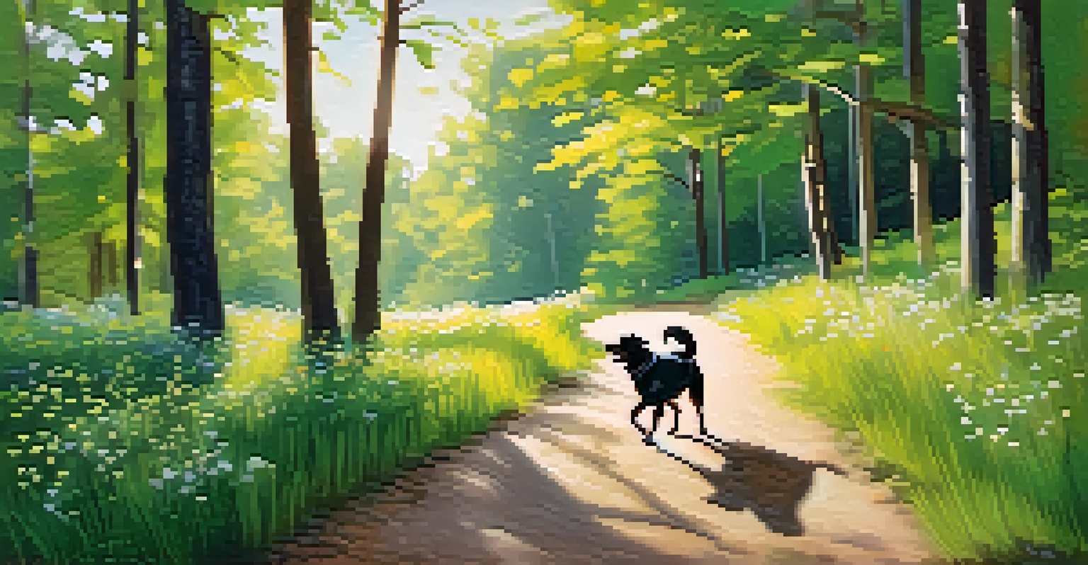 A beautiful off-leash trail in a park with a dog running happily along a path surrounded by wildflowers and trees, with a person walking nearby.