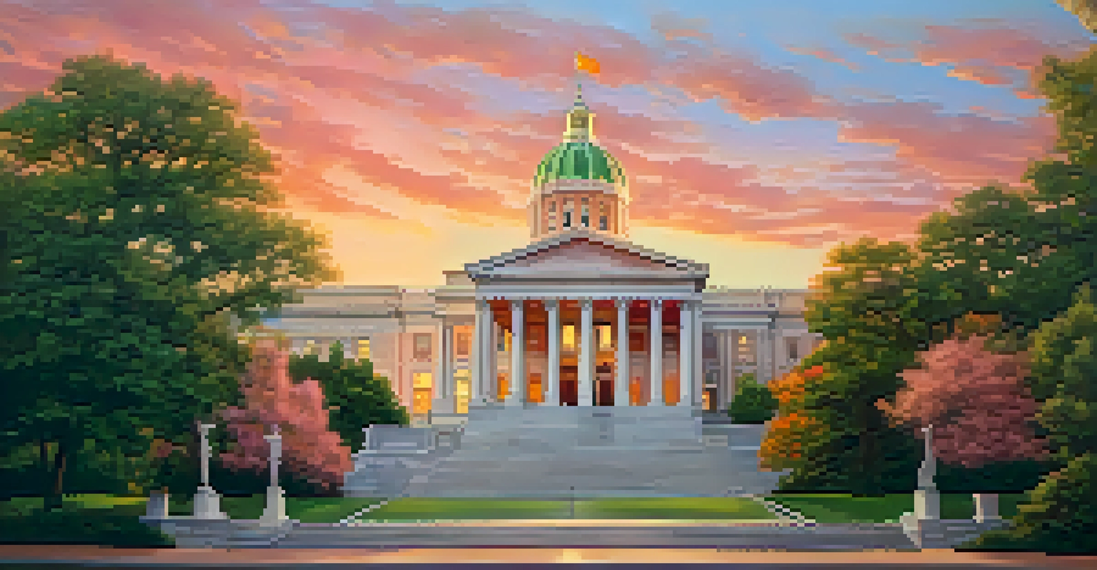 A sunset view of the North Carolina State Capitol building, highlighting its grand architecture and dome with colorful sky.