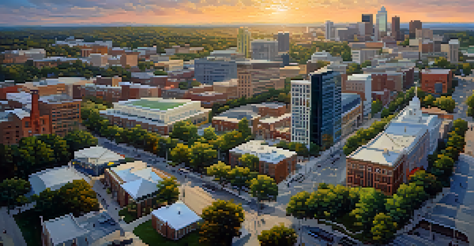 An aerial view of Raleigh's downtown, showing the interaction between educational institutions and local businesses during sunset.