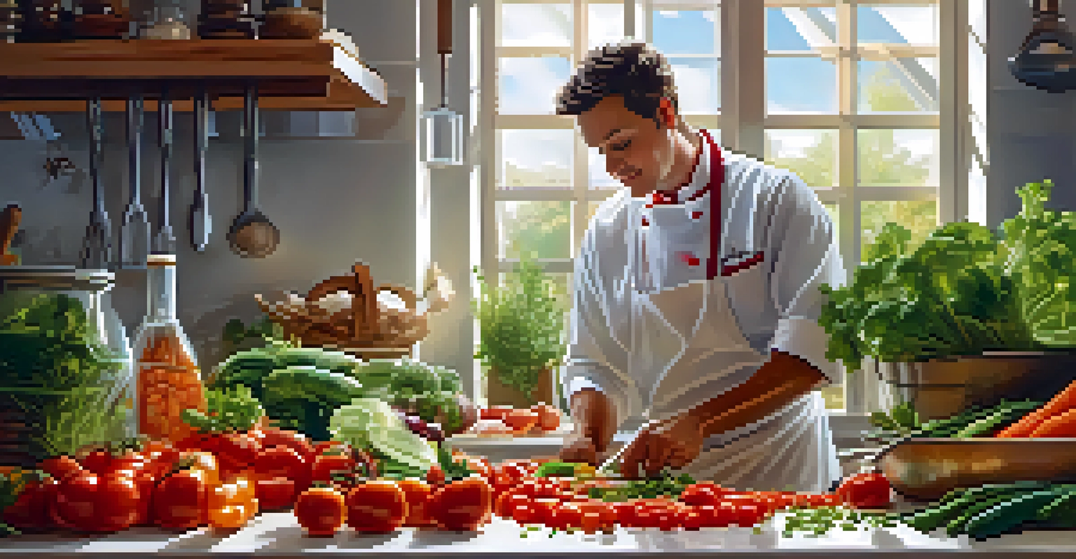 A chef in a kitchen preparing a seasonal dish with fresh vegetables and herbs, sunlight illuminating the vibrant ingredients.