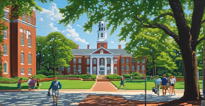 A view of Shaw University with students walking among historic buildings and greenery, depicting a lively campus environment.